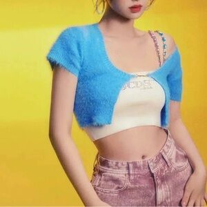 Blue fuzzy cropped bolero with rhinestone logo, fluffy and cute Size S